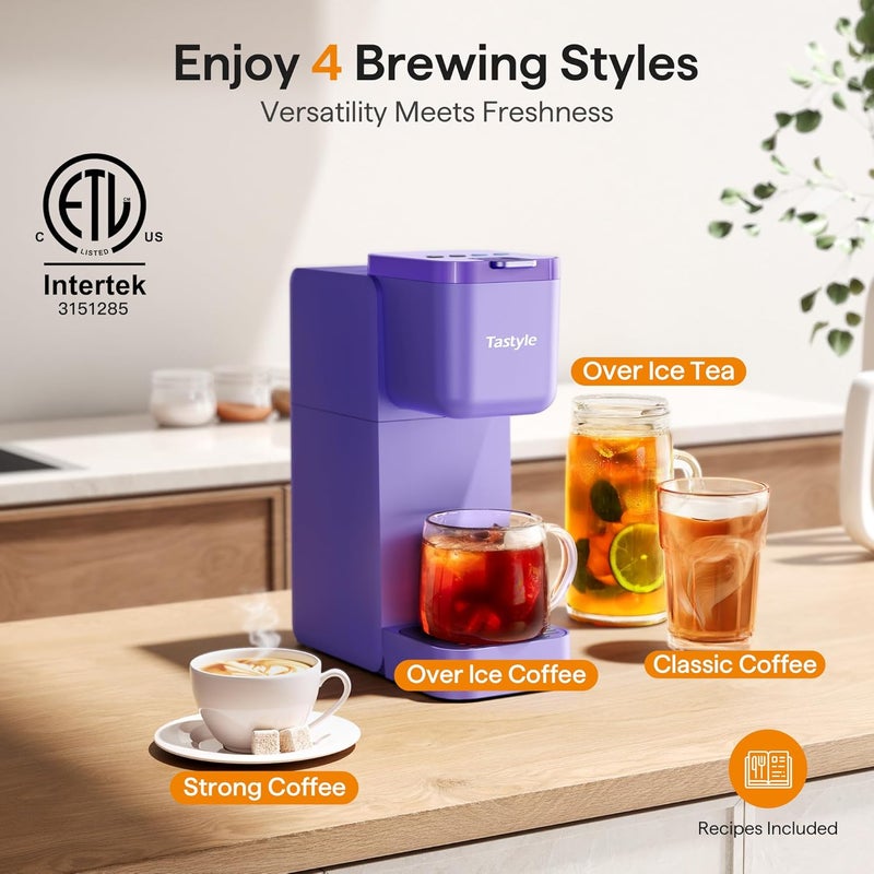Tastyle Single Serve Coffee Maker for K Cup, Ground and Tea, Hot and Iced Coffee Machines with Bold Setting, 6 to 16 Oz Brew Sizes, Compact for Small Spaces, Purple (2.0 Version) - Image 2